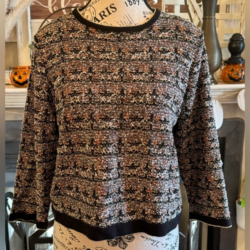 Eva Mendez Black Brown Gold Cropped Sweater Fall Winter Business Casual Large